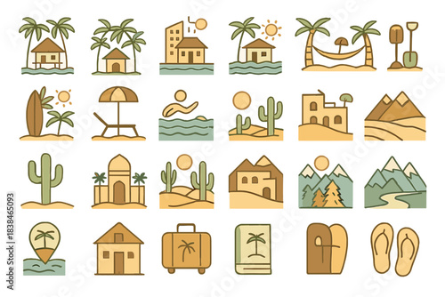 Icons of various activities and locations for summer fun in a warm climate with sun, palm trees, and outdoor enjoyment