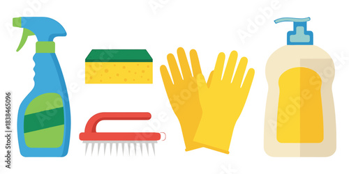 Cleaning supplies set with spray bottle, sponge, brush, gloves and soap vector illustration