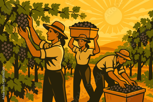 Workers harvest grapes in a vineyard under the bright sun during the autumn season in a rural area