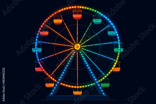 Brightly lit Ferris wheel stands tall at night in a funfair location with colorful lights and empty cabins
