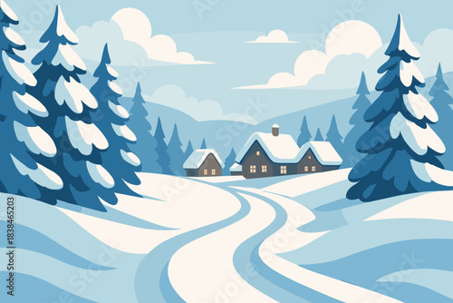 Winter landscape with houses and snow-covered trees in a mountainous area