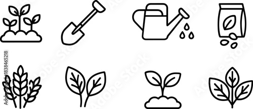 Farm vegetables and gardening tools icon set. Harvest, plants, barn, outline vector symbols