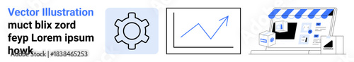 Gear icon, upward graph, and storefront elements suggest business growth, technology, and online shopping. Ideal for data analysis, technology, innovation, automation e-commerce marketing or