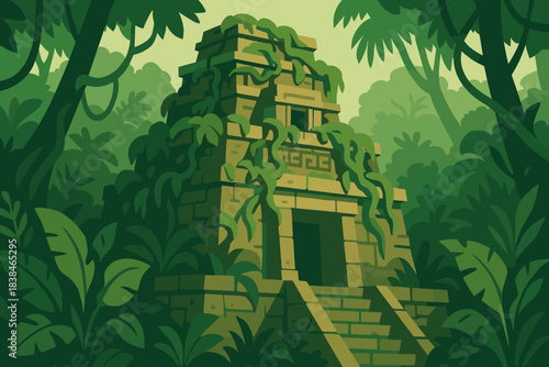Ancient temple surrounded by jungle with vines and thick vegetation in sunlight