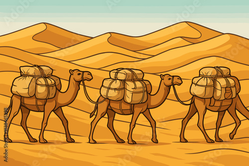 Camels carrying goods walk through golden sand dunes under a clear blue sky at midday in a desert area