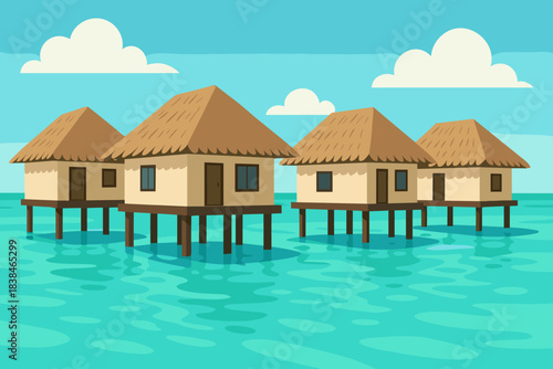 Waterfront houses built on stilts above clear water with clouds in the sky during a sunny day