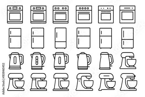Different types of kitchen appliances displayed in a simple layout with no colors or details at all