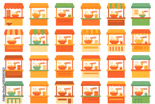 Colorful food stalls with different designs and food items in a market setting during daylight hours