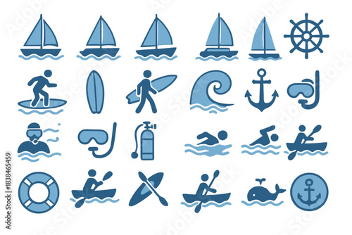 Sailboats, swimming, and water sports in a coastal setting during a sunny day