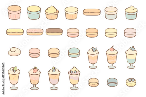 Sweet treats and desserts display with colorful cupcakes, macarons, and ice cream cups arranged on a plain surface