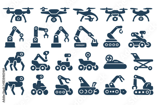 Different types of robots and drones shown in a simple graphic representation for educational purposes in a tech-focused setting