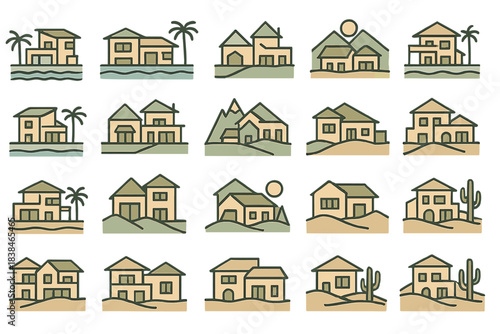 Different types of houses with various features and landscapes in a simple design style