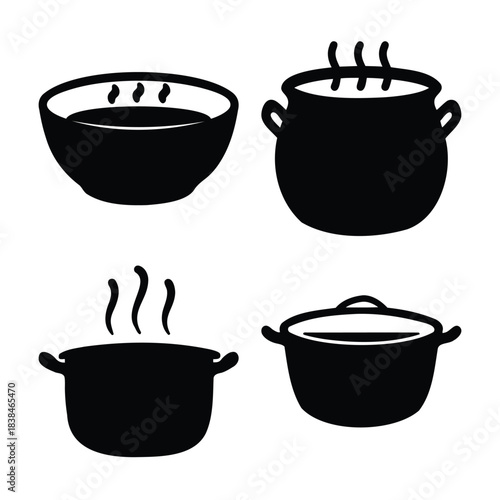 Various cooking pots and a warm soup bowl in silhouette icons