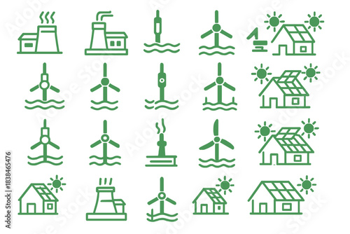 Icons of renewable energy sources in a grid layout showing various designs at different positions with clear details