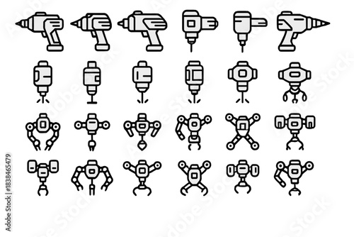 Various designs of robot tools and drones from different angles showing their features and functions for various tasks and uses in technology