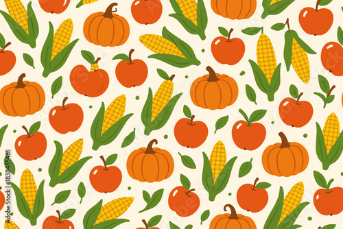 Decorative pattern with pumpkins, apples, and corn in autumn style featuring bright colors and simple shapes