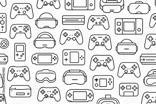 Different types of gaming devices and controllers arranged in a pattern on a white background