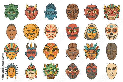 Collection of diverse mask designs from different cultures displayed in a grid shape on a light background