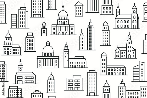 Various buildings and structures in a city skyline design with simple outlines on a white background