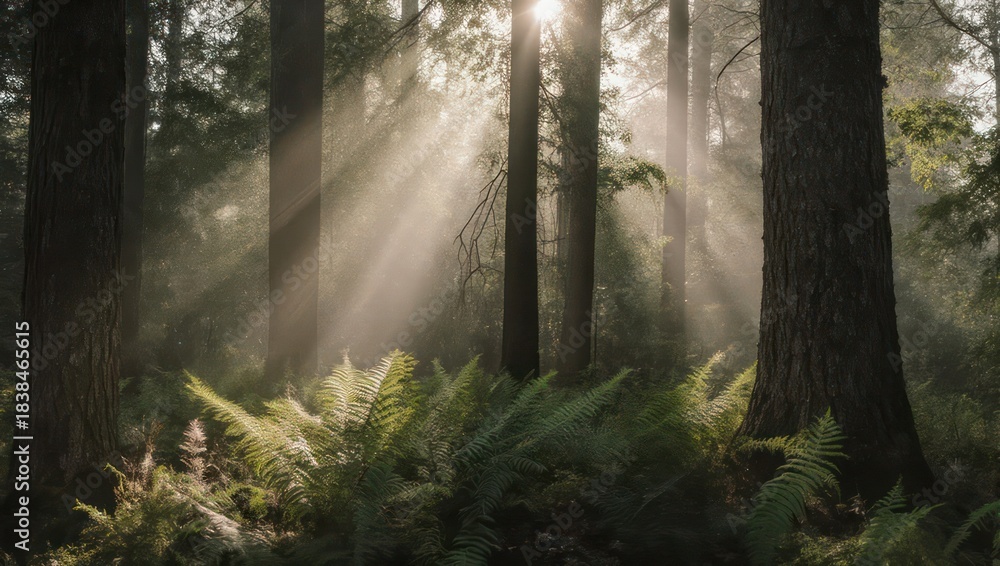 Fototapeta premium Sunbeams filtering through a lush forest canopy illuminating ferns.