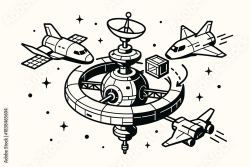 Space station surrounded by three spacecraft with satellite dish and cargo box in the center of the illustration