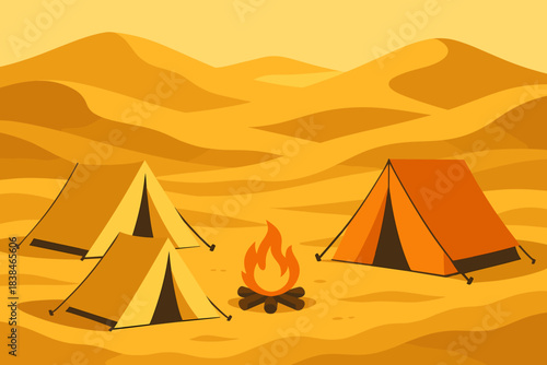 Camping in the desert with tents and a campfire during sunset