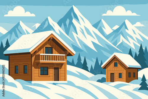 Snow-covered cabins stand in a mountainous landscape during winter, showcasing the beauty of nature and the simplicity of rural life
