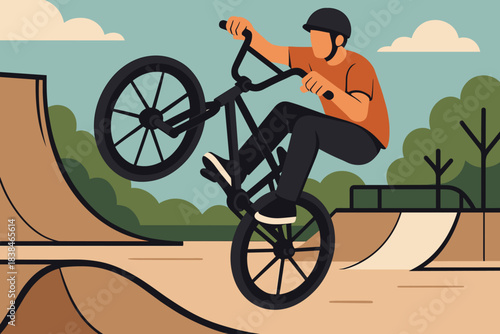 Biker performs a stunt at a skate park during a sunny day in a vibrant environment with ramps and trees