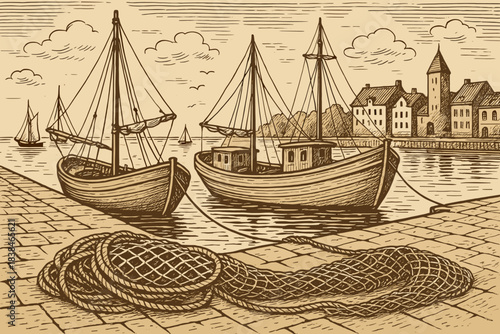 Boats and net on the dock near a coastal town in the afternoon light with houses and other boats in the background