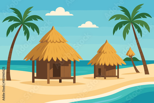 Tropical beach scene with huts, palm trees, and ocean view on a sunny day