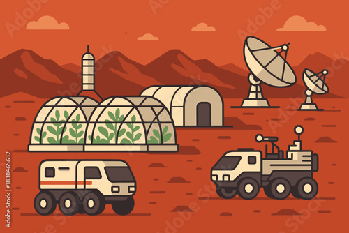 Exploration base on Mars with greenhouses, rovers, and communication satellites used for scientific research