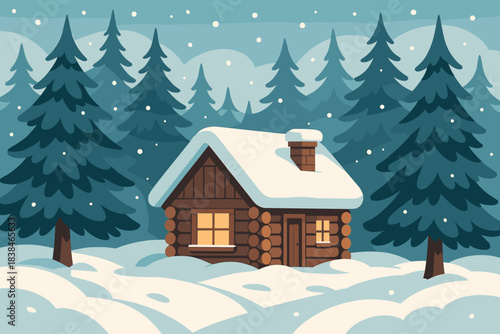 Winter scene with a small wood cabin surrounded by tall trees and snowfall in a forest setting