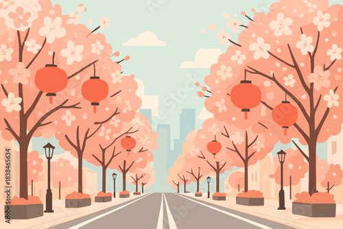 Colorful street with cherry blossom trees and lanterns during a sunny day in a city