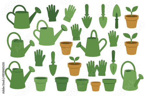 Green gardening tools and plants arranged on a white background for a gardening project or activity