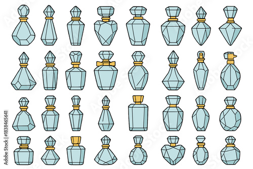 Collection of geometric perfume bottles arranged in a grid with light blue and gold colors