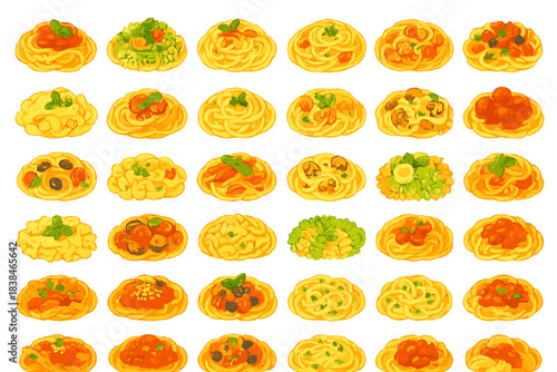 Various pasta dishes displayed in a grid pattern with diverse toppings and sauces from different cuisines