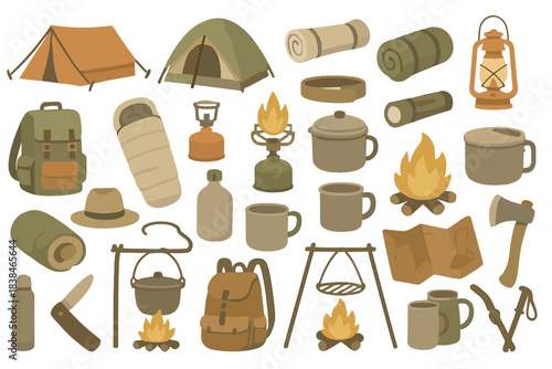 Camping gear and supplies arranged in a flat lay on a white background, showing essentials for outdoor activities and adventures