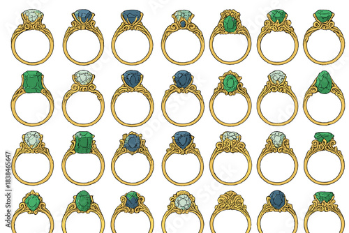 Collection of rings with colorful gemstones set in gold bands arranged in a grid pattern
