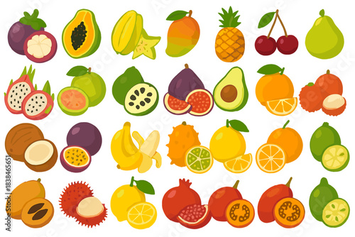 Variety of tropical fruits arranged in a colorful display on a white background