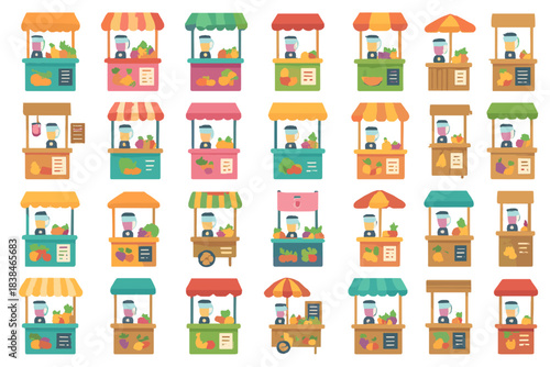 Many colorful food stalls in a market with various fruits and juices in bright containers and tables set up for customers