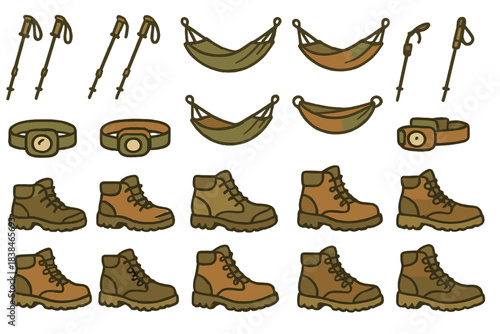 Gear for outdoor activities including boots, hammocks, and trekking poles in various styles and colors