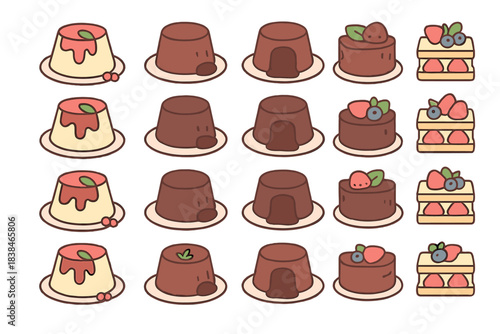 Different types of desserts on plates arranged in a neat order on a white background