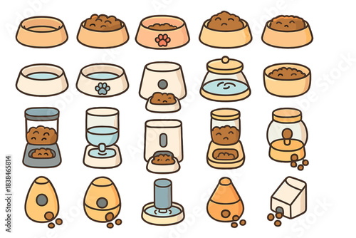 Different pet feeding bowls, water dishes, and food containers arranged in various styles and sizes on a flat surface