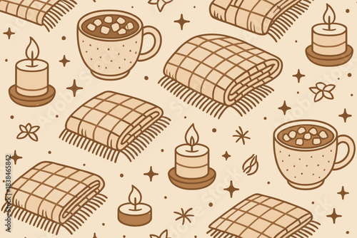 Cozy patterns featuring blankets, hot drinks, candles, and nature elements