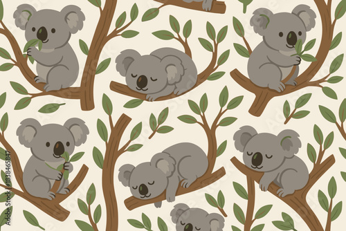 Patterns of koalas resting on branches with leaves during daylight in a playful and colorful design