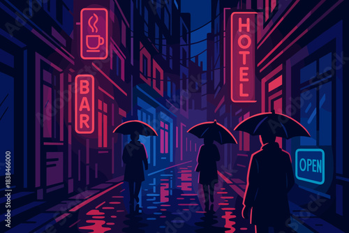 People walking on a rainy street with umbrellas near a hotel and bar in a city at night