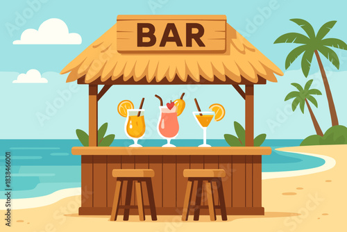 Tropical beach bar with drinks near the ocean on a sunny day with palm trees in the background