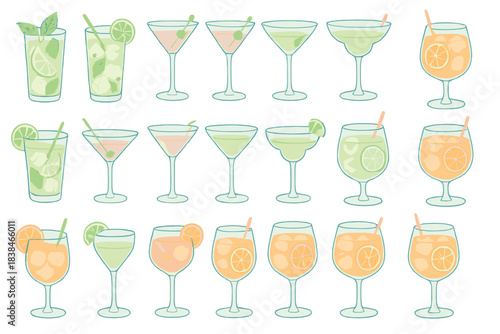 Mixed drinks displayed in various glassware with fruits and garnishes on a white background