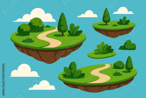 Floating islands with green plants and winding paths under a blue sky with clouds