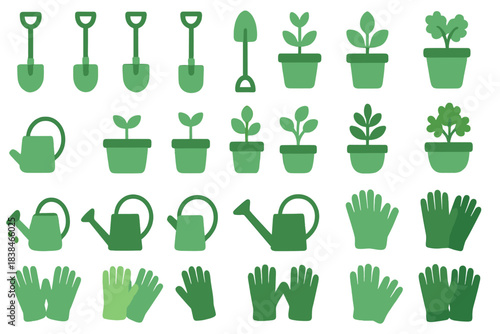 Gardening tools and plants arranged in a simple design for gardening enthusiasts and hobbyists